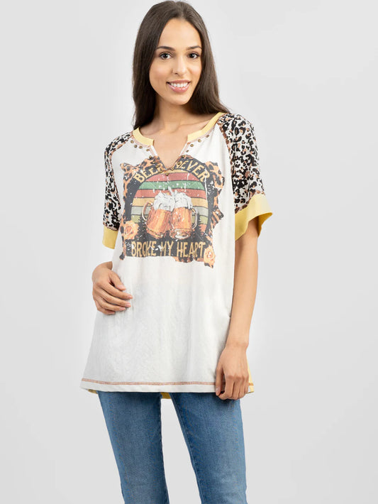 Delila Women Mineral Wash BEER NEVER BROKE MY HEART Graphic Tee