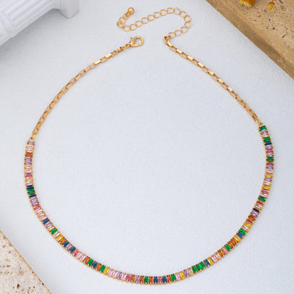 Color Bar Bezel Necklace | Gold Multicolor Baguette Station Necklace
