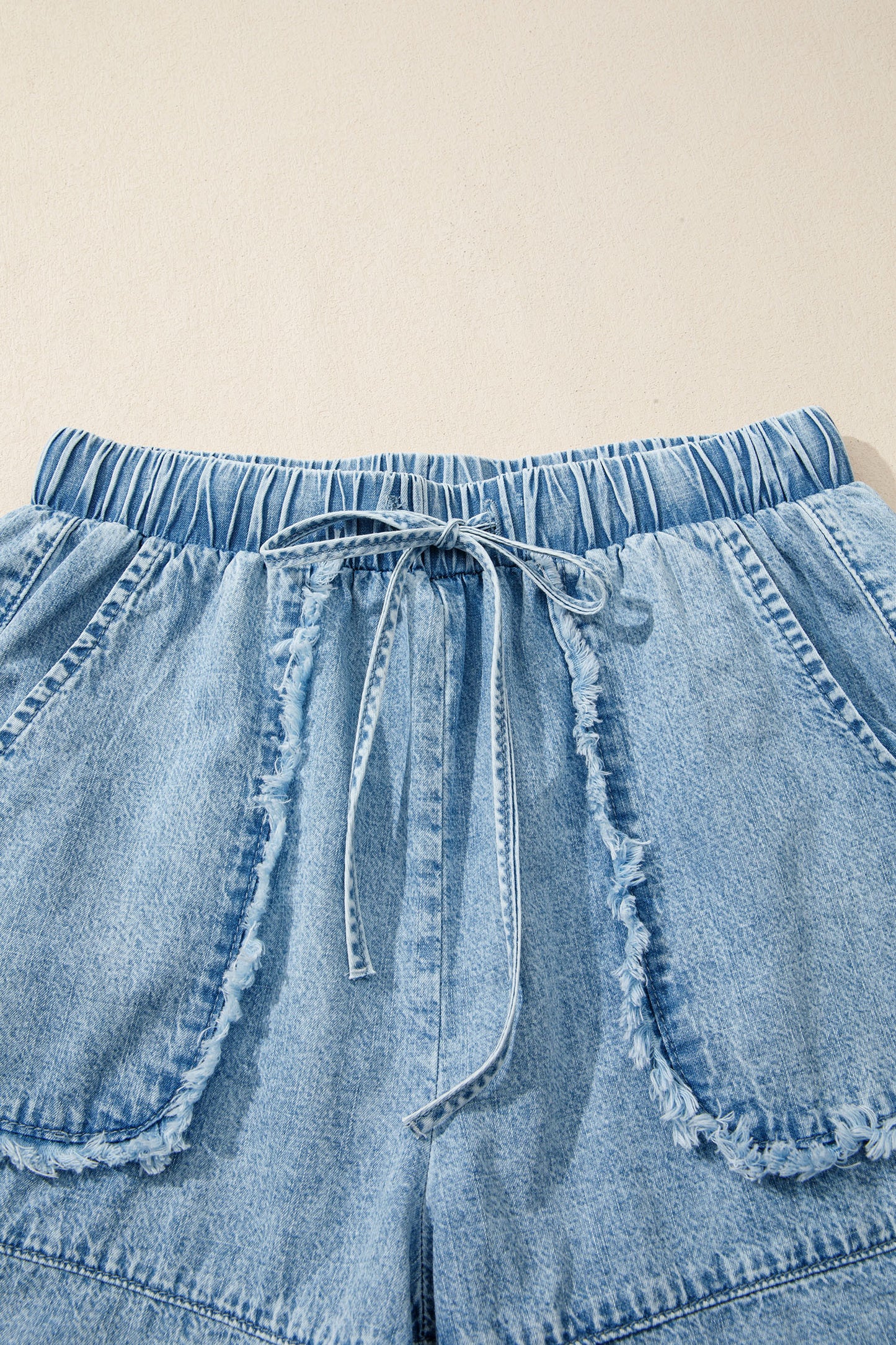 Easy Breezy Frayed Denim Shorts | Elastic Waist Drawstring Boutique Shorts