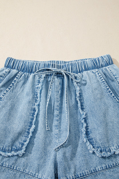 Easy Breezy Frayed Denim Shorts | Elastic Waist Drawstring Boutique Shorts