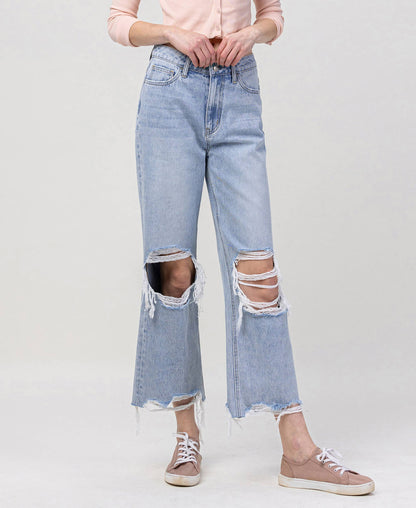 90s Throwback Super High Rise Crop Flare Jeans – Distressed Raw Hem Vintage Denim Vervet V2839