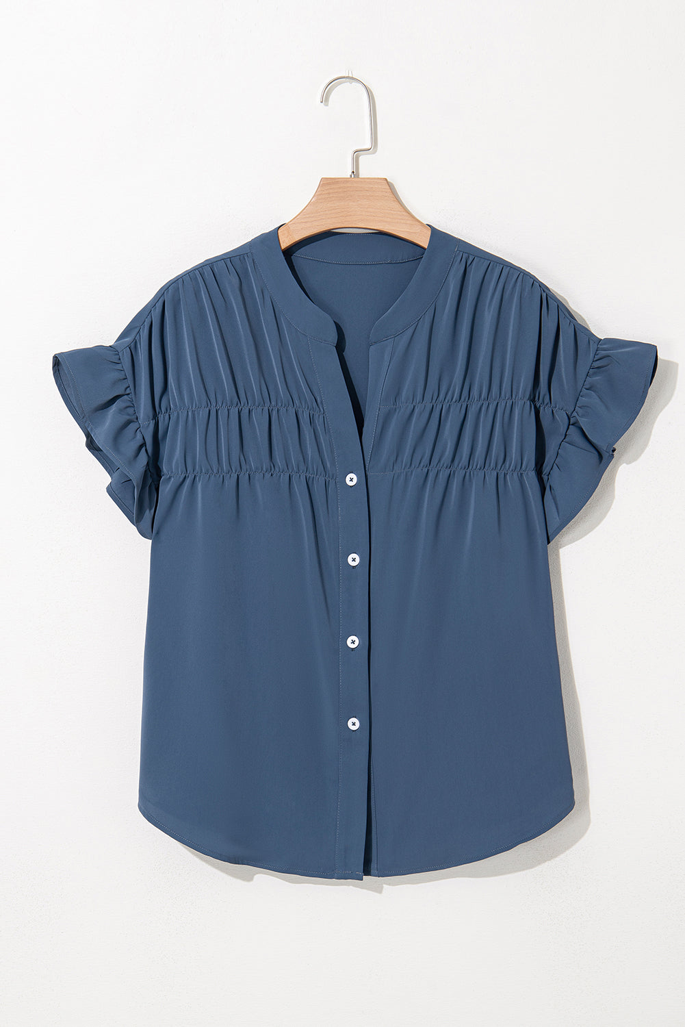 Ruffled Ruched Short Sleeve Buttoned Shirt – Solid & Subtly Chic 🌸