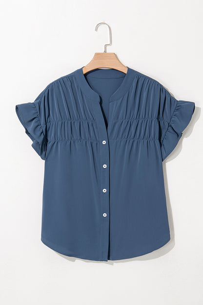 Ruffled Ruched Short Sleeve Buttoned Shirt – Solid & Subtly Chic 🌸