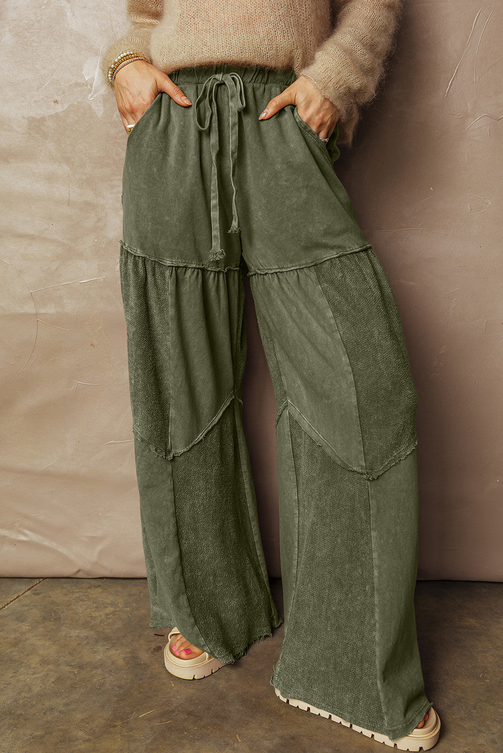 Vineyard Vibes Mineral Wash Patchwork Wide Leg Pants – Tiered Drawstring Lounge Pants