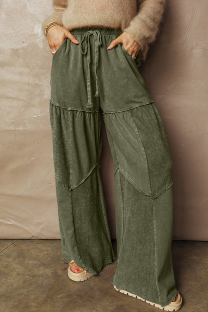 Vineyard Vibes Mineral Wash Patchwork Wide Leg Pants – Tiered Drawstring Lounge Pants