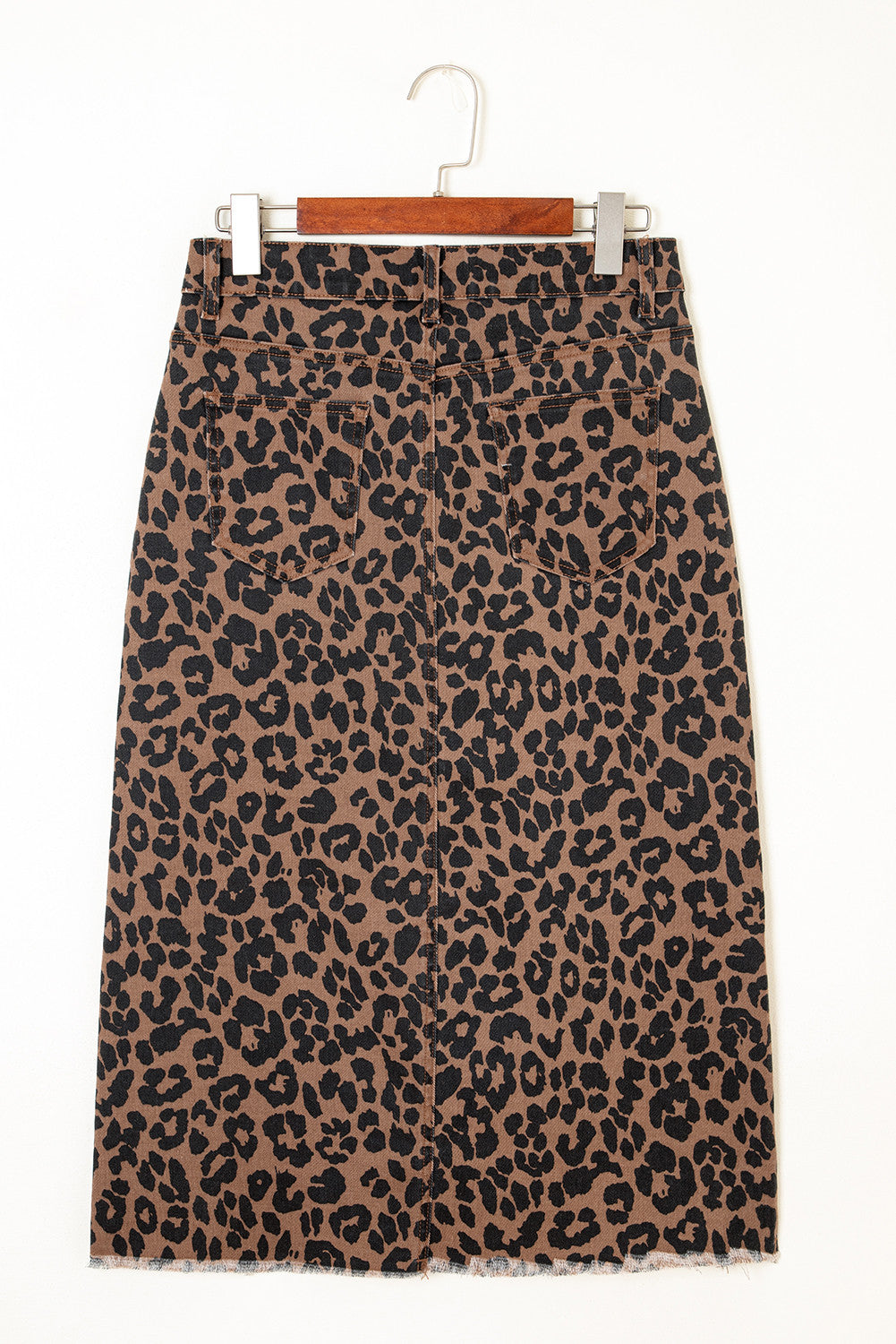 Wild Side Leopard Denim Midi Skirt | Brown Frayed Hem Stretch Skirt