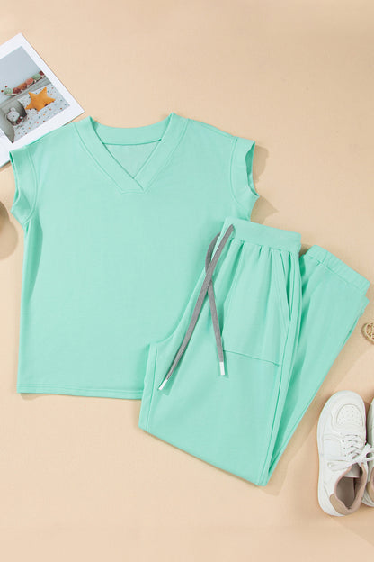 Mint Green Relaxed V-Neck Lounge Set – Drawstring Jogger Pants 2-Piece Outfit