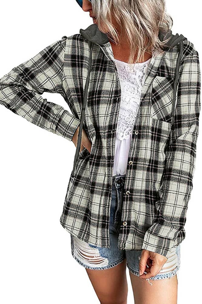 Plaid Button Front Hoodies Shacket