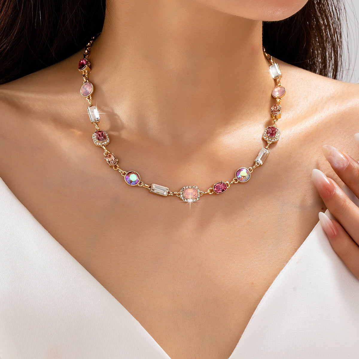 Blush & Bright Station Necklace | Pink and Clear Crystal Gold Necklace
