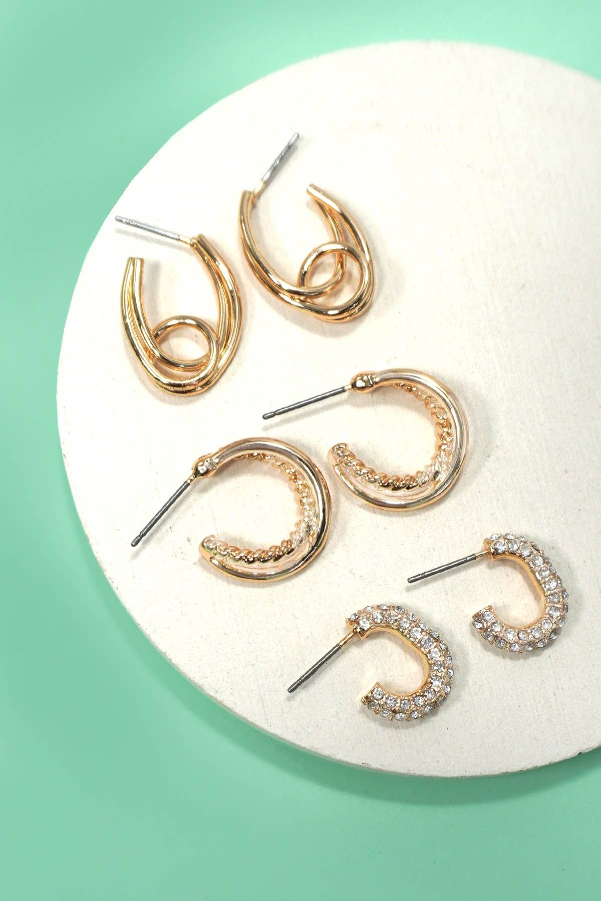 Rhinestone Glow Huggie Hoop Trio | Hypoallergenic Titanium Post Earrings