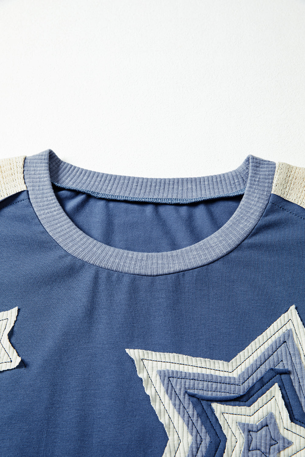 Dark Blue Star Patchwork Colorblock Long Sleeve Top – Oversized Knit Contrast Tee