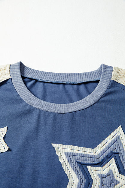 Dark Blue Star Patchwork Colorblock Long Sleeve Top – Oversized Knit Contrast Tee