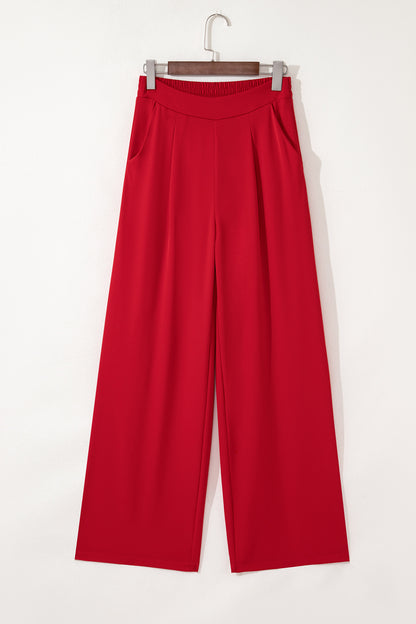 Red Wide Leg Dress Pants – High Waist Pull-On Pleated Straight Leg Pants for Women
