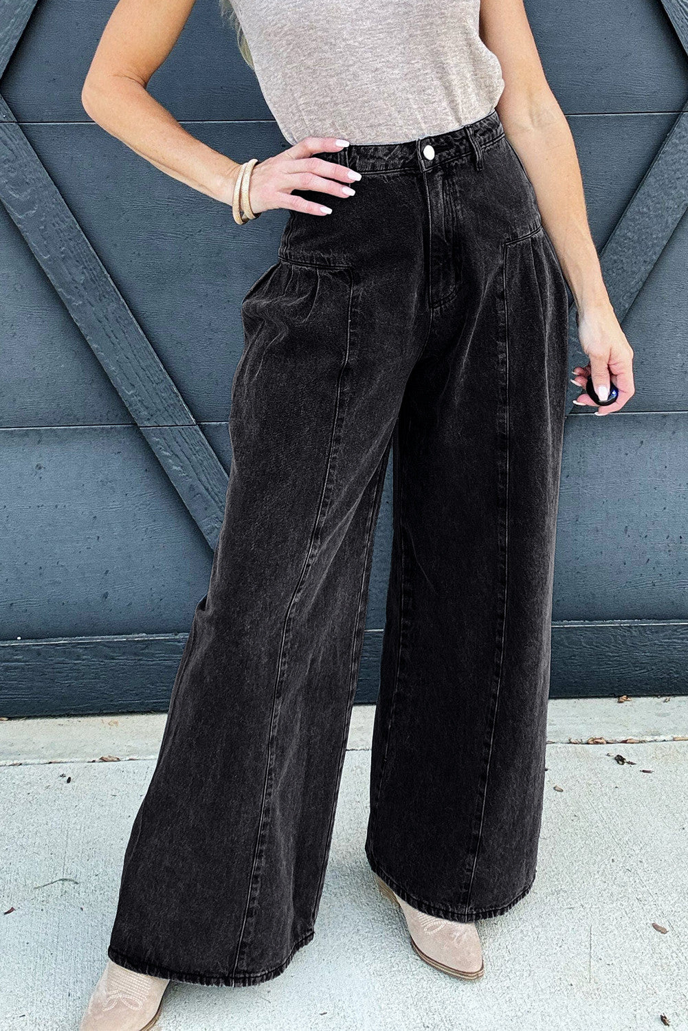 ~PREORDER ~ Pleated Wide Leg Mineral Wash Denim Pants ~PREORDER ~