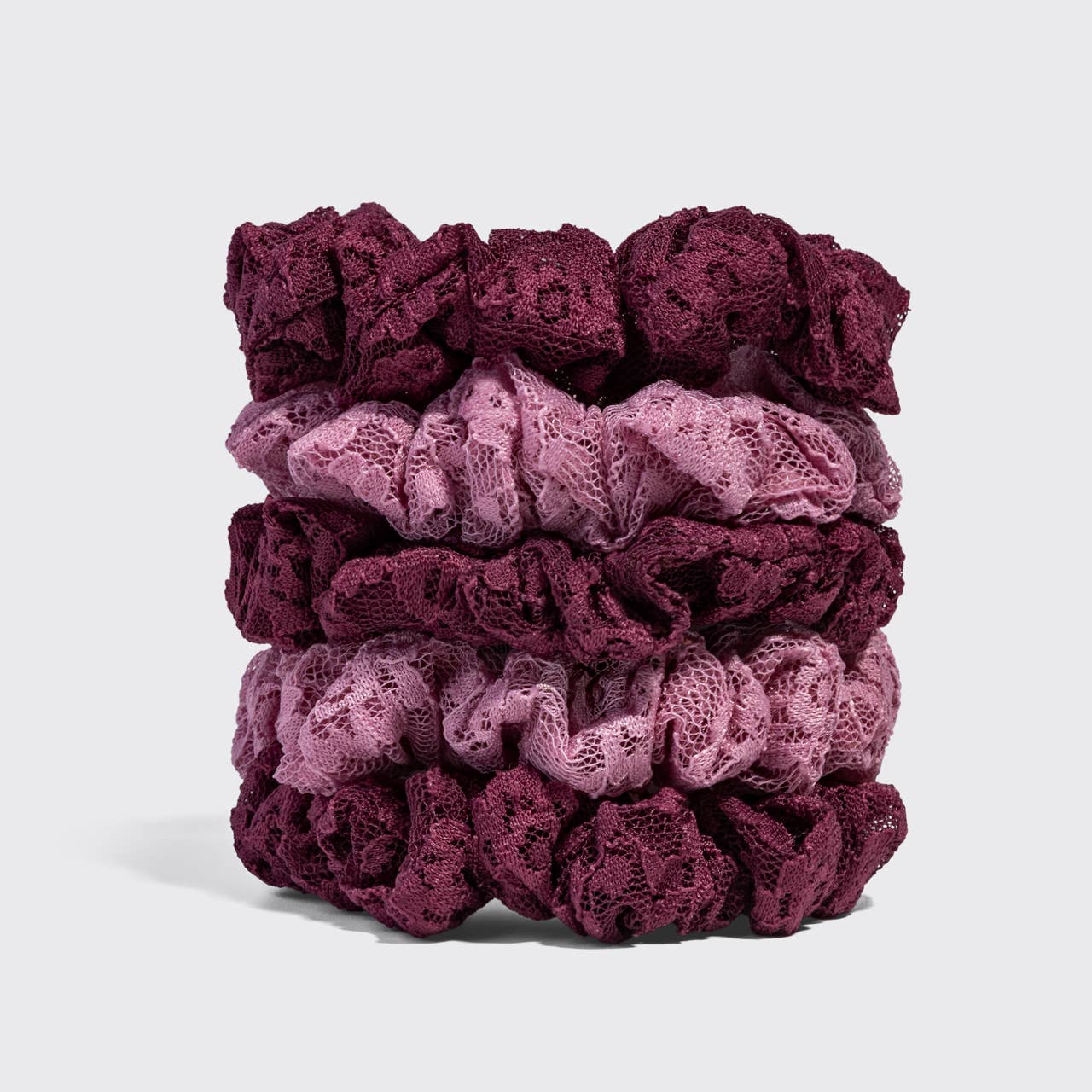 Kitsch Ruched Lace Scrunchies 5pc Set | Cherry Lacquer & Dusty Pink Hair Ties