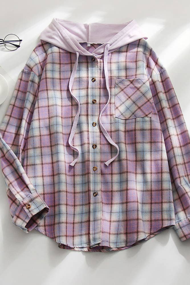 Plaid Button Front Hoodies Shacket