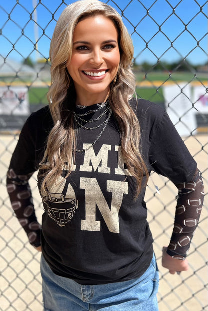Black Football Print Mesh Long Sleeve Top – Game Day Layering Tee