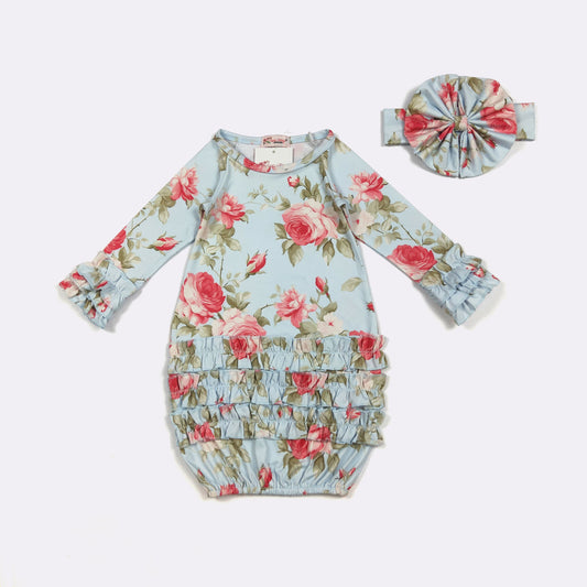 Aqua Rosy Baby Gown by Clover Cottage 🌸