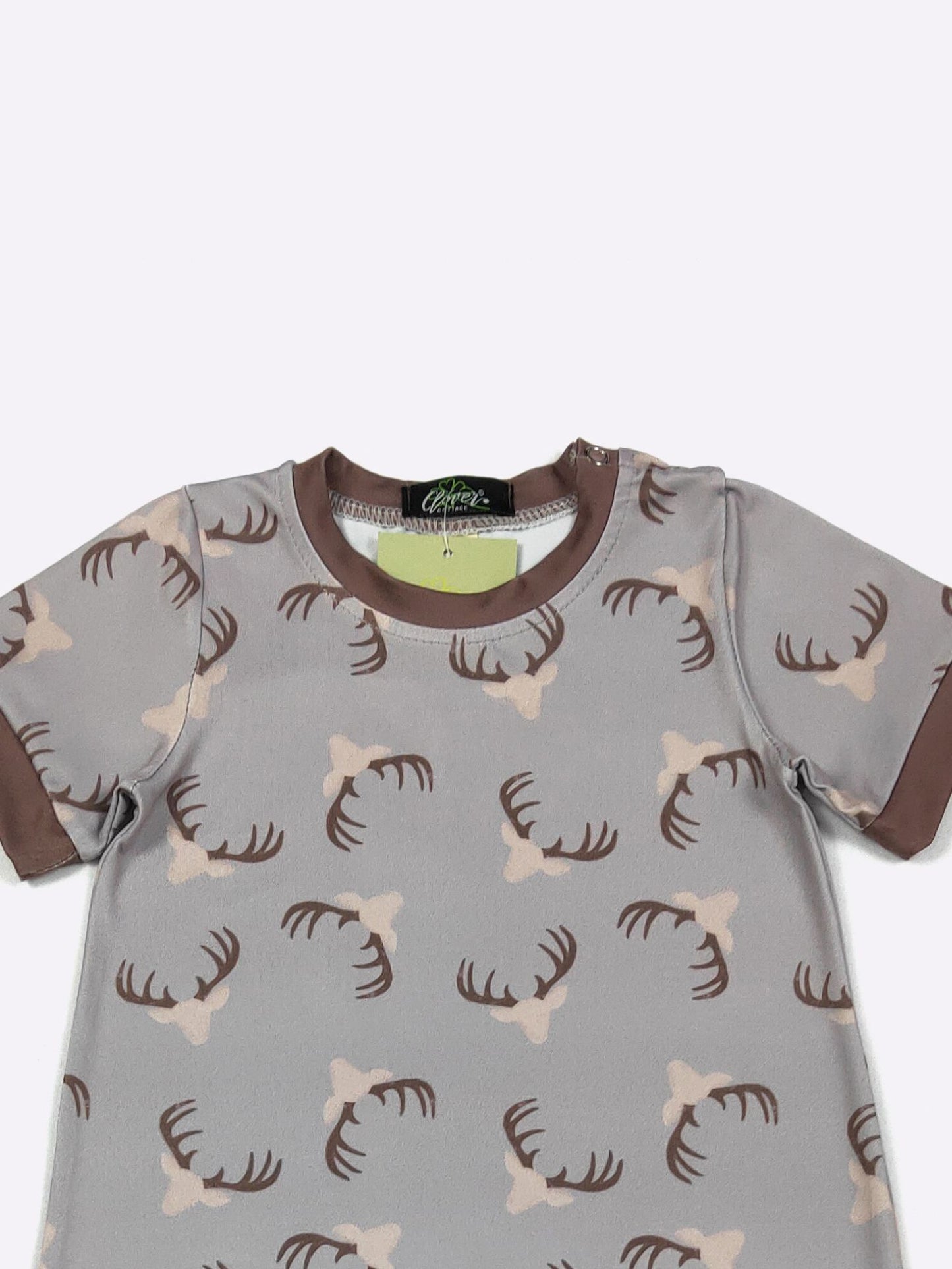 Antler 2 Boy Romper | Boutique Baby Boy Antler Print Romper by Clover Cottage
