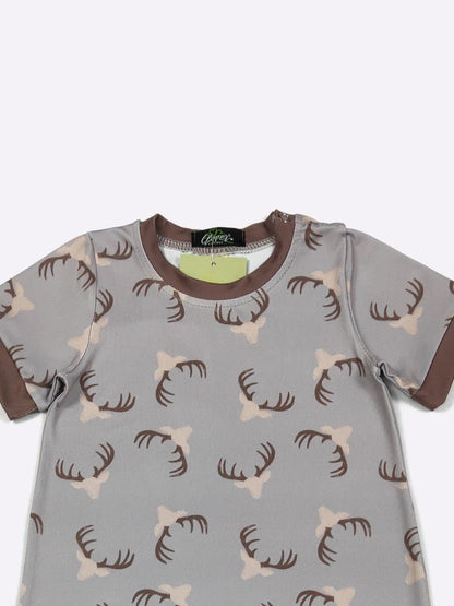 Antler 2 Boy Romper | Boutique Baby Boy Antler Print Romper by Clover Cottage