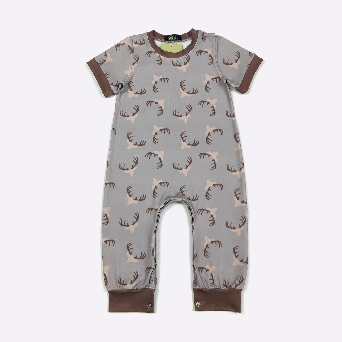 Antler 2 Boy Romper | Boutique Baby Boy Antler Print Romper by Clover Cottage