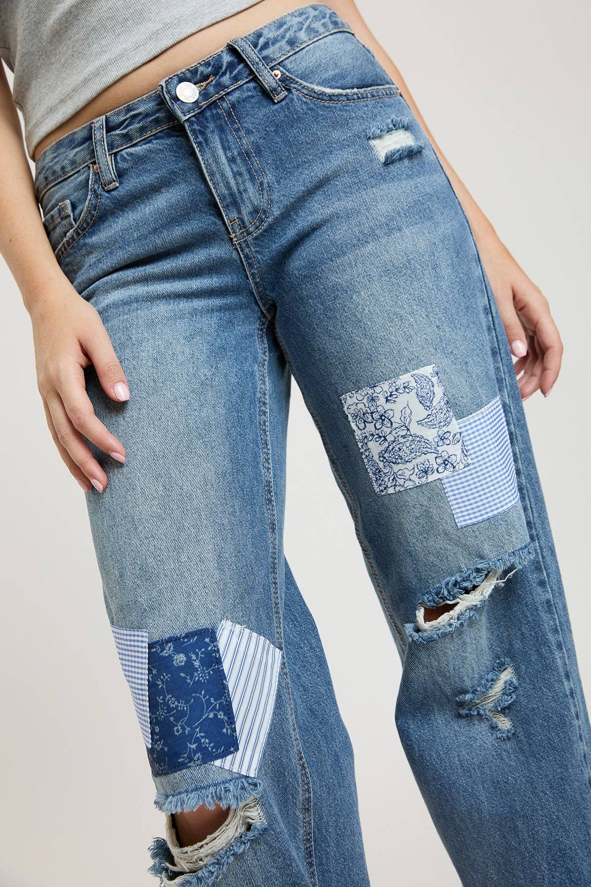 Brittany Patchwork Wide Leg Jeans | YMI Low Rise Rigid Denim