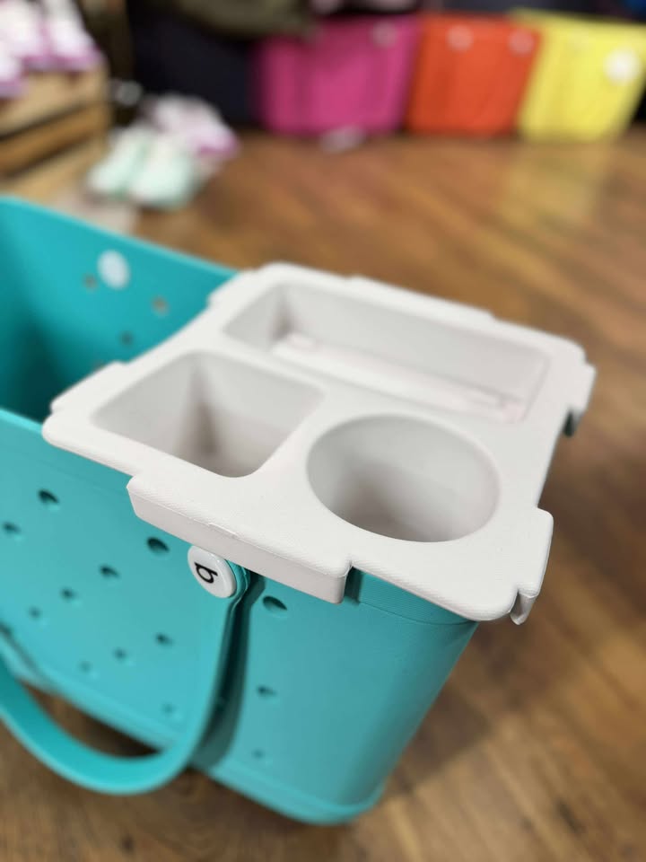 “Top o’ the Bogg To Ya topper tray in mushroom color sitting atop Original Bogg Bag”

“Tray view with built-in cup holders and tray within a tray design”

“Close-up of topper tray edges and EVA material texture”