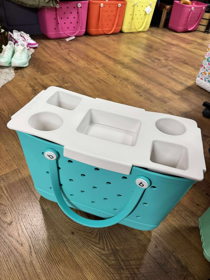 “Top o’ the Bogg To Ya topper tray in mushroom color sitting atop Original Bogg Bag”

“Tray view with built-in cup holders and tray within a tray design”

“Close-up of topper tray edges and EVA material texture”