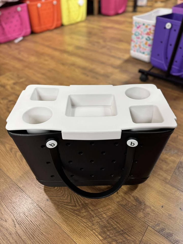 “Top o’ the Bogg To Ya topper tray in mushroom color sitting atop Original Bogg Bag”

“Tray view with built-in cup holders and tray within a tray design”

“Close-up of topper tray edges and EVA material texture”