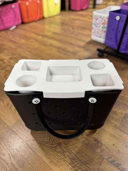 “Top o’ the Bogg To Ya topper tray in mushroom color sitting atop Original Bogg Bag”

“Tray view with built-in cup holders and tray within a tray design”

“Close-up of topper tray edges and EVA material texture”