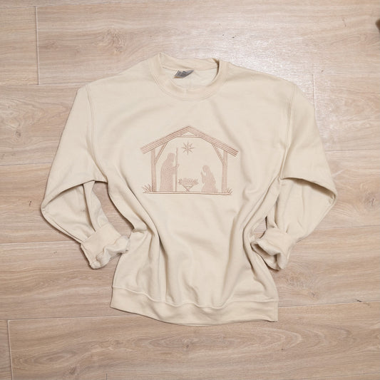 Embroidered Nativity Scene Crewneck Sweatshirt – Christian Christmas Sweater