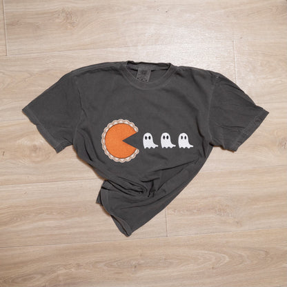 Embroidered Pumpkin Pie Pac-Man Tee – Retro Ghost Halloween Embroidery T-Shirt