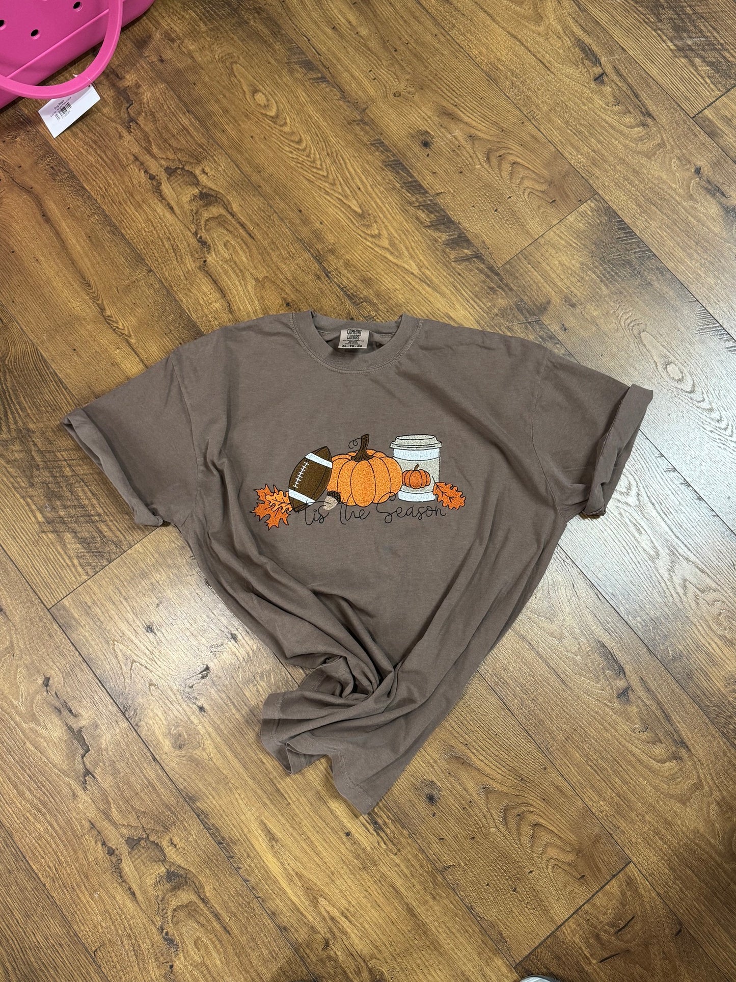 ’Tis the Season Fall Embroidered Tee – Pumpkin, Football & Coffee Autumn T-Shirt