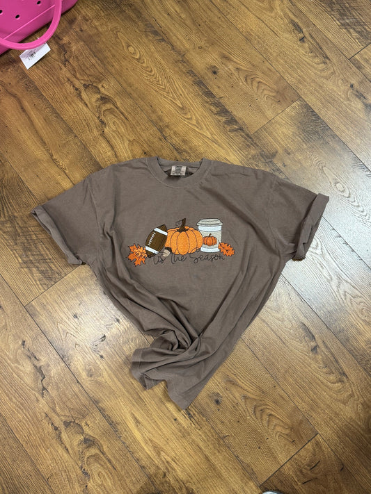 ’Tis the Season Fall Embroidered Tee – Pumpkin, Football & Coffee Autumn T-Shirt