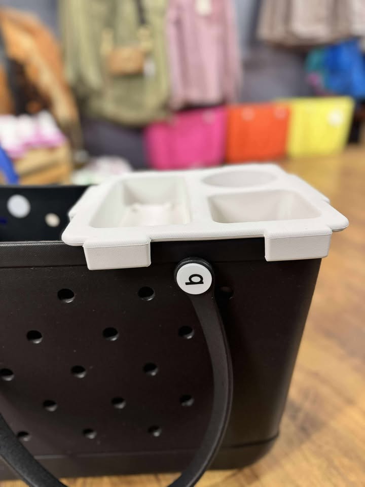 “Top o’ the Bogg To Ya topper tray in mushroom color sitting atop Original Bogg Bag”

“Tray view with built-in cup holders and tray within a tray design”

“Close-up of topper tray edges and EVA material texture”