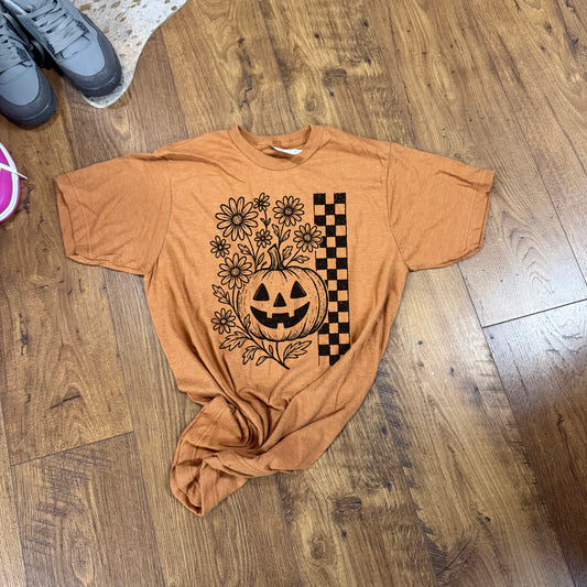 Pumpkin Floral Checkerboard Graphic Tee – Fall Halloween T-Shirt