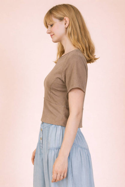 Mineral Washed Fitted Crop Top | Raw Edge Short Sleeve Tee