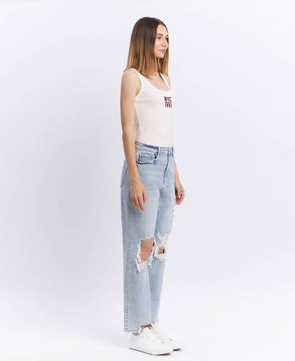 90s Icon Super High Rise Distressed Straight Leg Jeans – Comfort Stretch Ankle Denim Vervet T5933