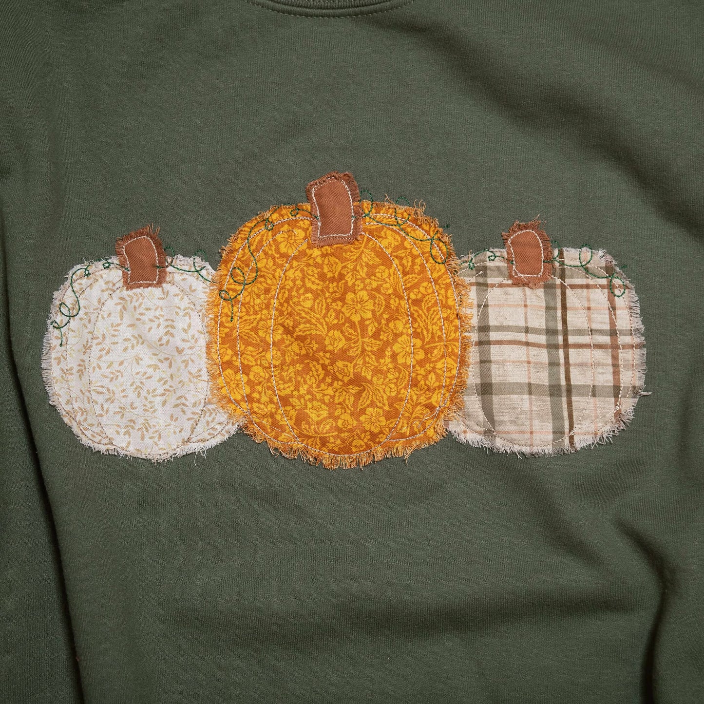 Pumpkin Patchwork Crewneck Sweatshirt – Olive Green Fall Sweater