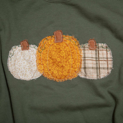 Pumpkin Patchwork Crewneck Sweatshirt – Olive Green Fall Sweater