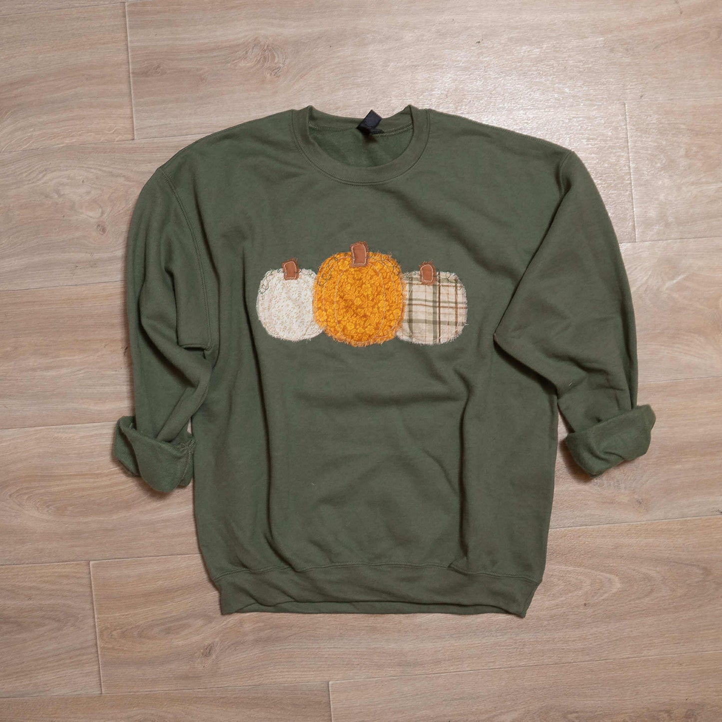Pumpkin Patchwork Crewneck Sweatshirt – Olive Green Fall Sweater