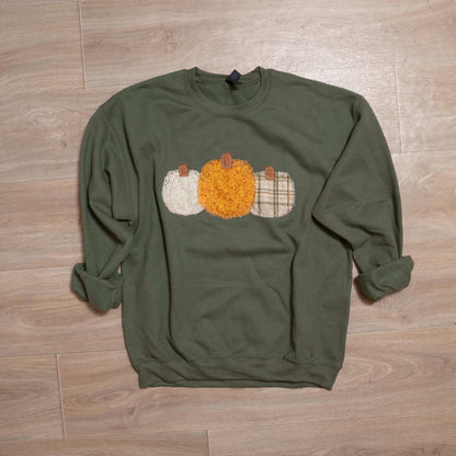 Pumpkin Patchwork Crewneck Sweatshirt – Olive Green Fall Sweater