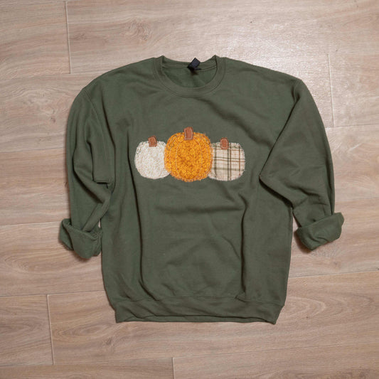Pumpkin Patchwork Crewneck Sweatshirt – Olive Green Fall Sweater