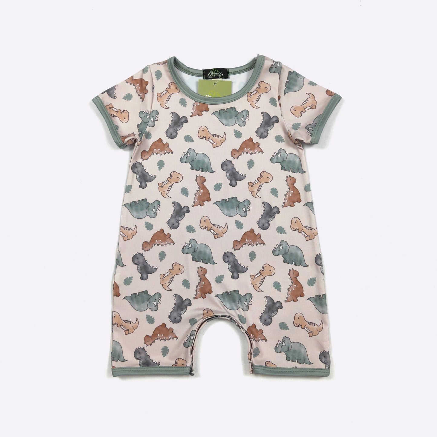 Dino Cutie Boy Romper | Dinosaur Print Baby Boy Summer Romper by Clover Cottage