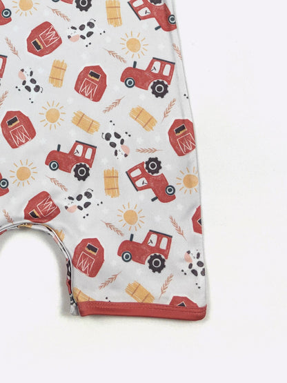 Haystack Boy Romper | Farm Print Baby Boy Summer Romper by Clover Cottage