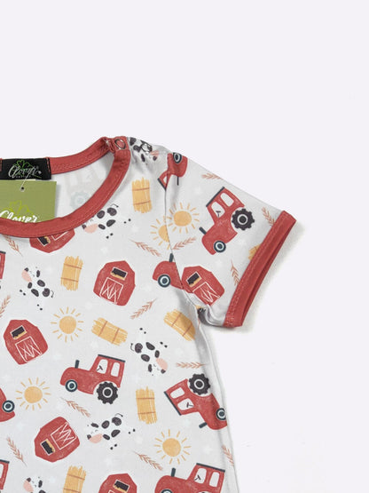 Haystack Boy Romper | Farm Print Baby Boy Summer Romper by Clover Cottage