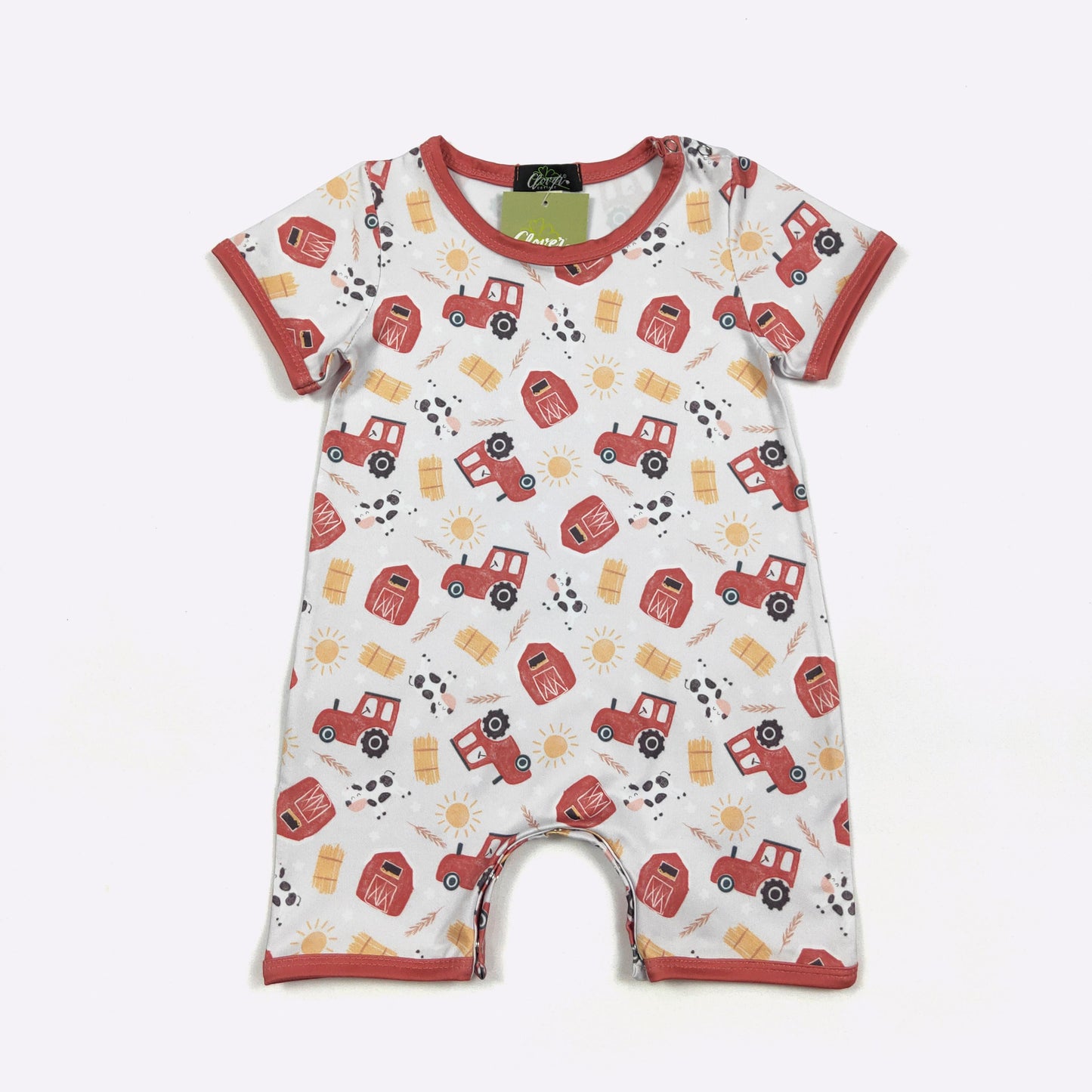 Haystack Boy Romper | Farm Print Baby Boy Summer Romper by Clover Cottage