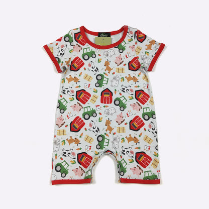 Little Farmer Boy Romper | Farm Print Baby Boy Summer Romper