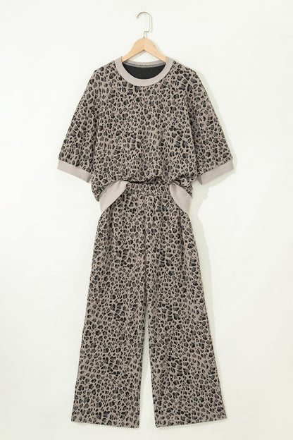 Wild Luxe Jacquard Leopard Two Piece Set – Khaki Puff Sleeve Top & Wide Leg Pants