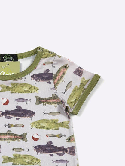 Catch of the Day Boy Romper | Fish Print Baby Boy Summer Romper by Clover Cottage
